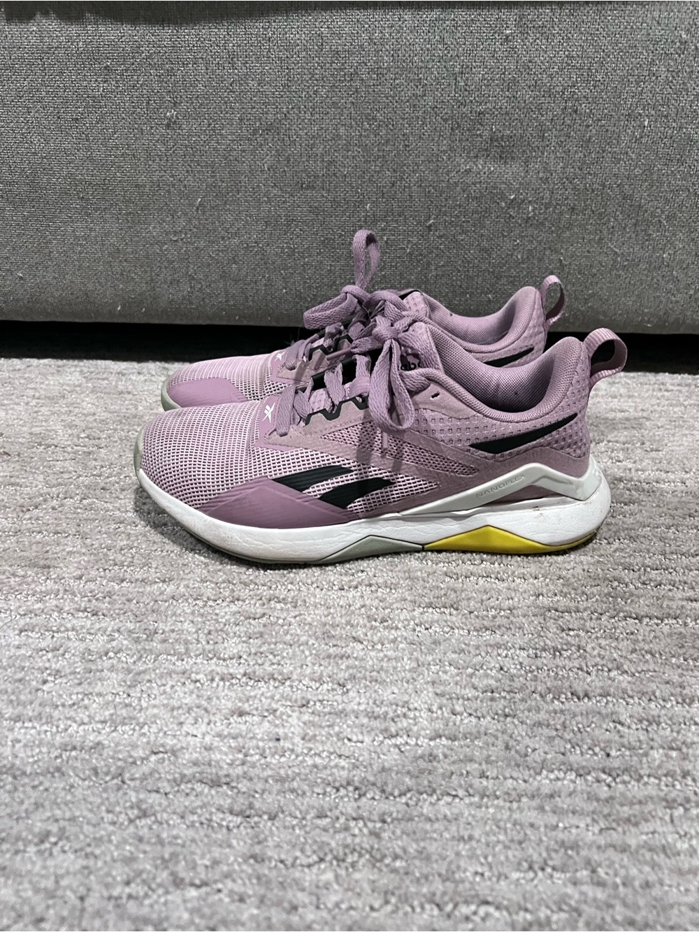 Reebok Lilac and Black Women’s athletic shoes with Yellow Accent